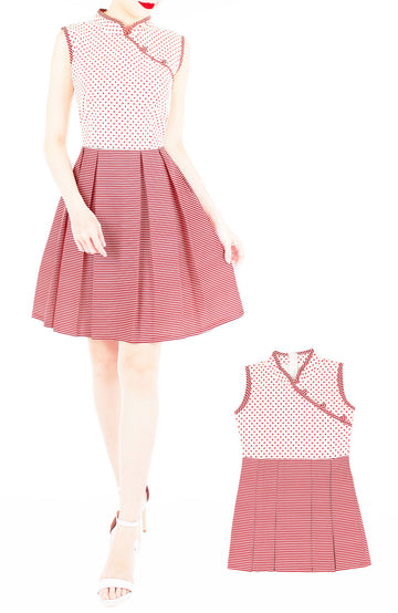 Fujisan Dots & Stripes Cheongsam Dress - Cream